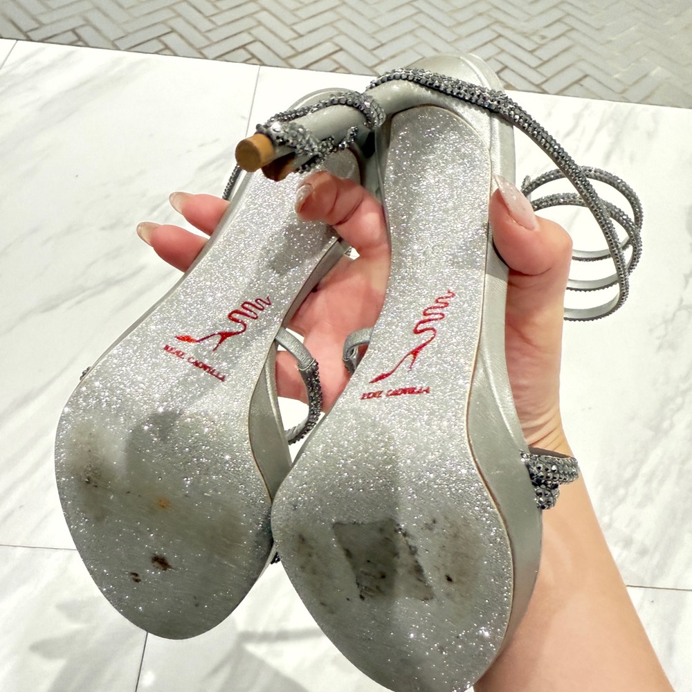 Rene Caovilla Shimmering Silver Spiral Heels - Picture 2 of 6